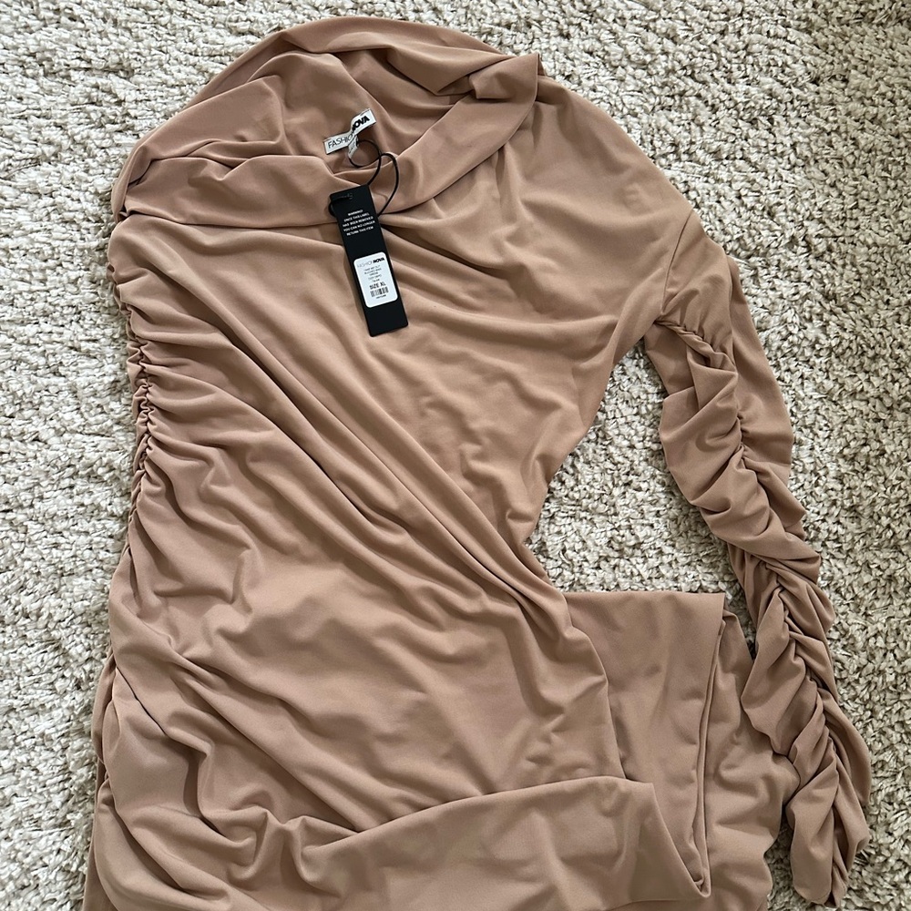 Tan Ruched Long Sleeve Top